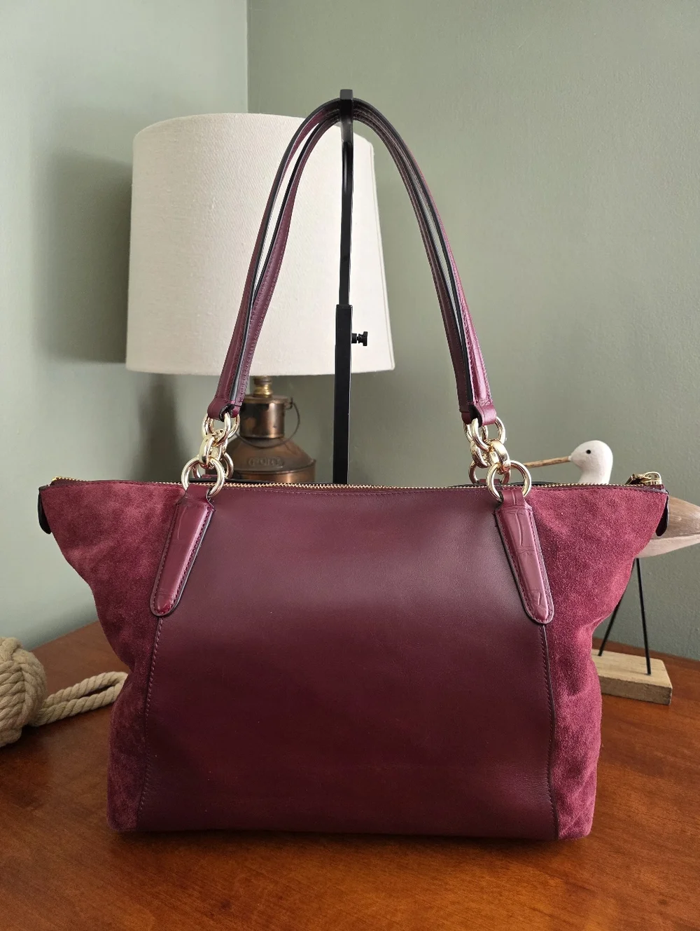 Coach F54579 Ava Tote Oxblood Burgundy Suede Leather Shoulder Bag